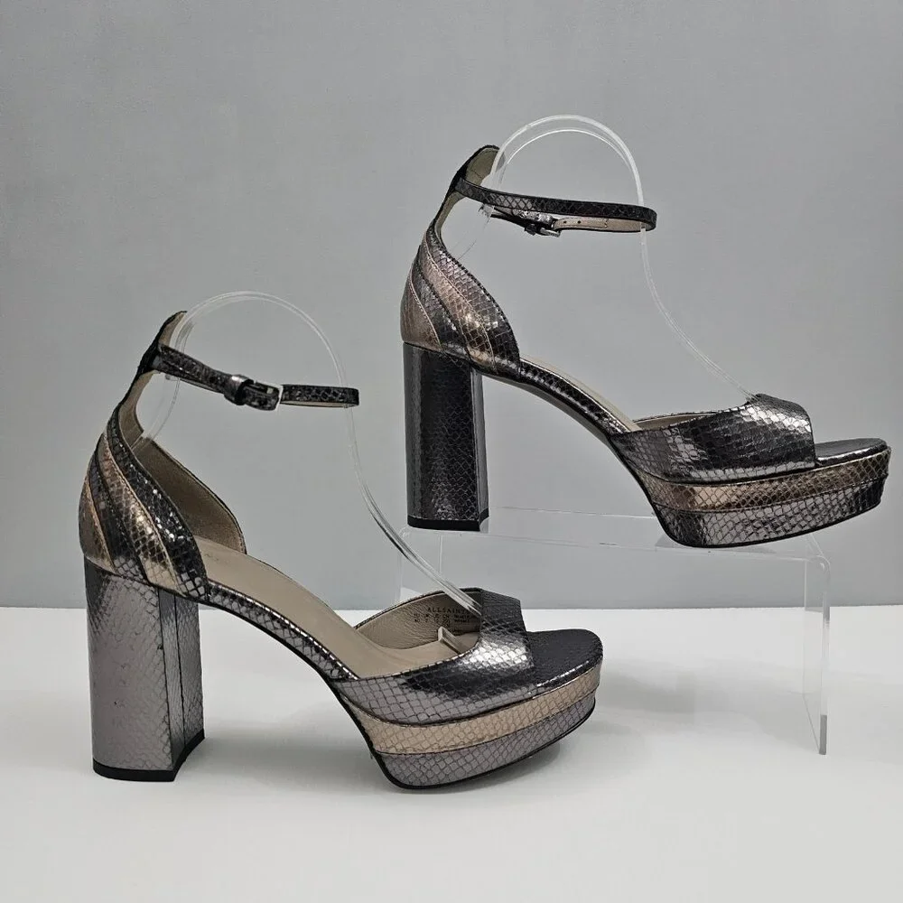 AllSaints Tia Platform Heel Sandal Womens 10 Metallic Bronze Gold Gray Embossed - Picture 4 of 16